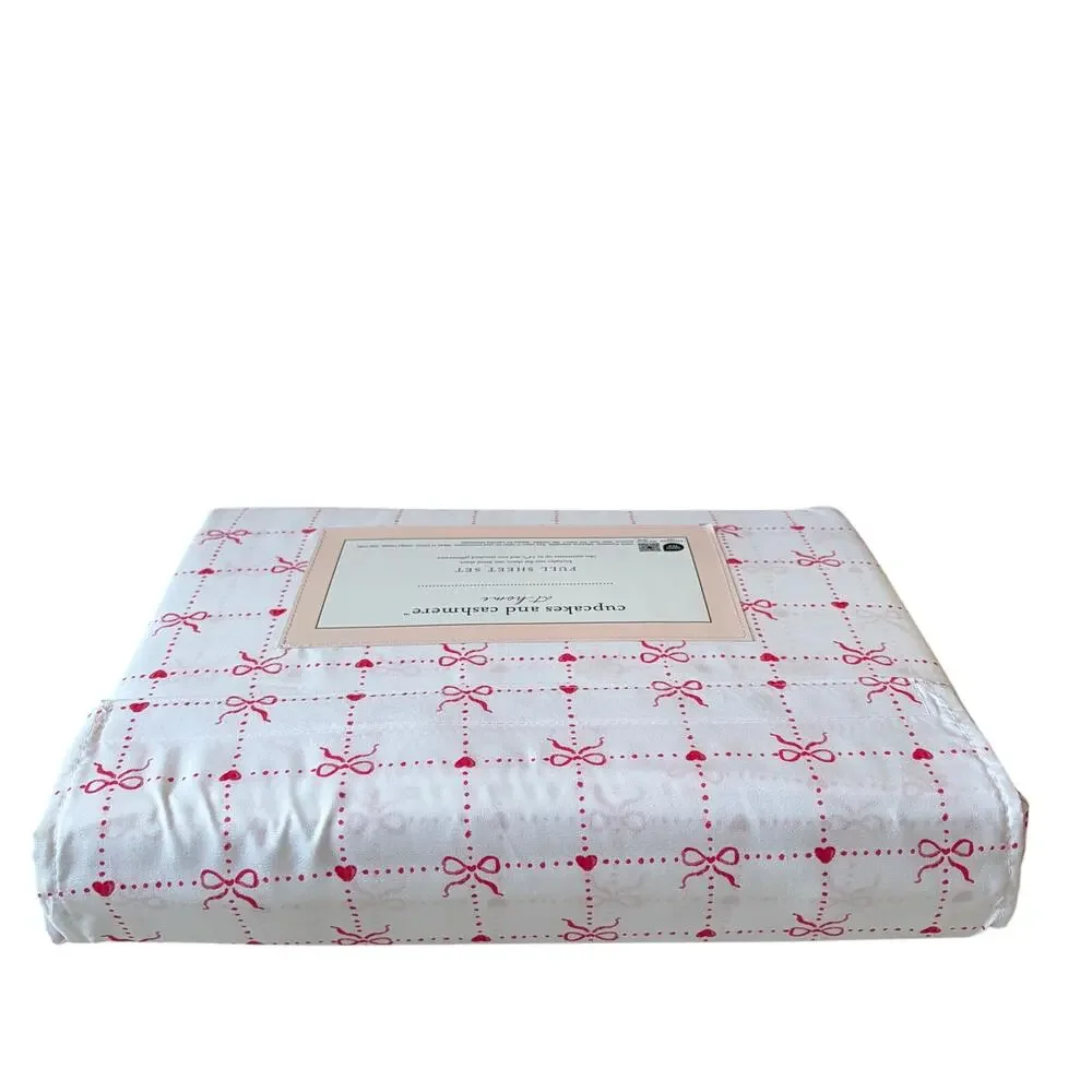 Cupcakes & Cashmere Checkered Bow FULL Sheet Set Chic Pink & White Bedding NEW